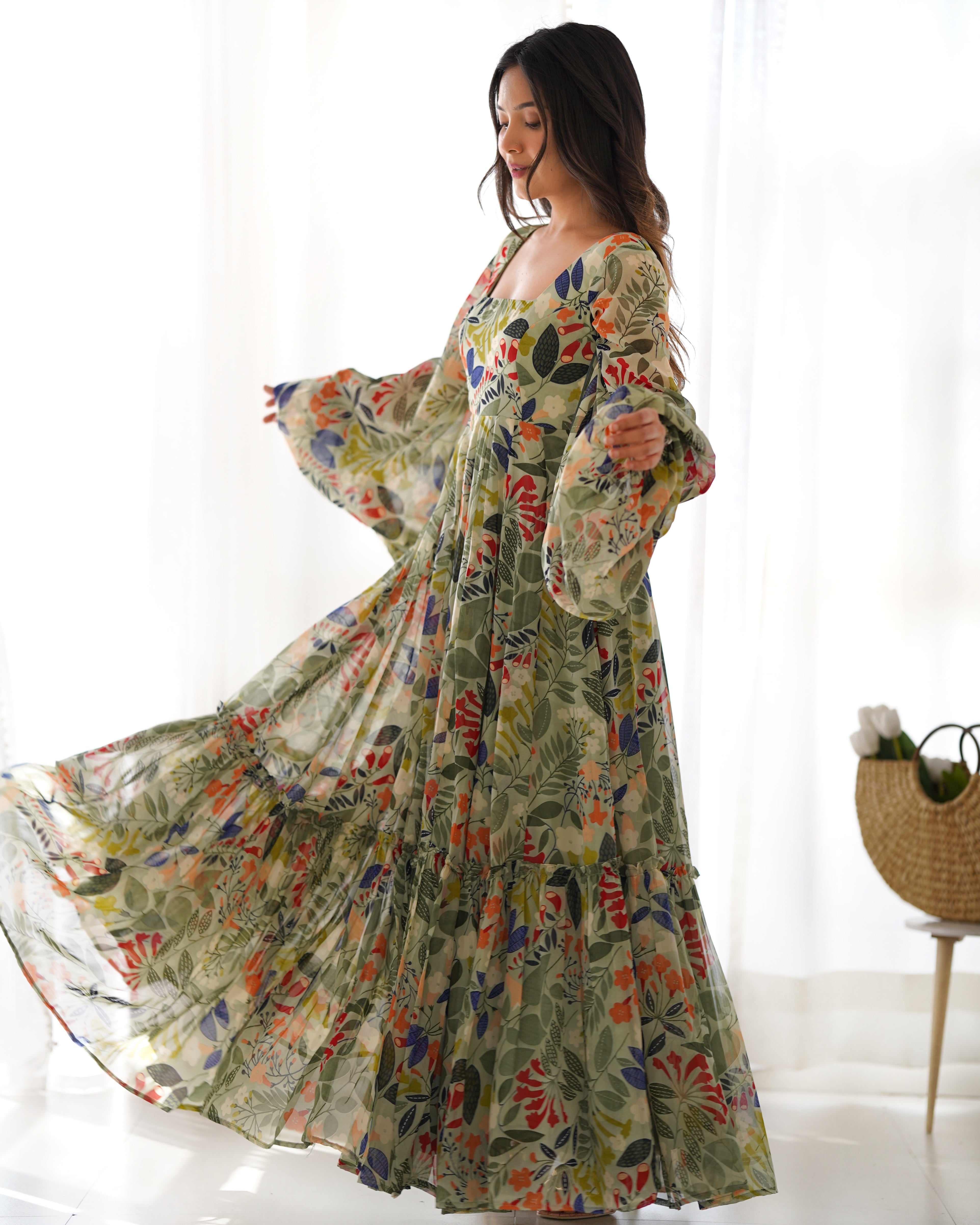 Sunaina Pista Colourfull Floral Gown Digital Printed Faux Georgette DKB-267