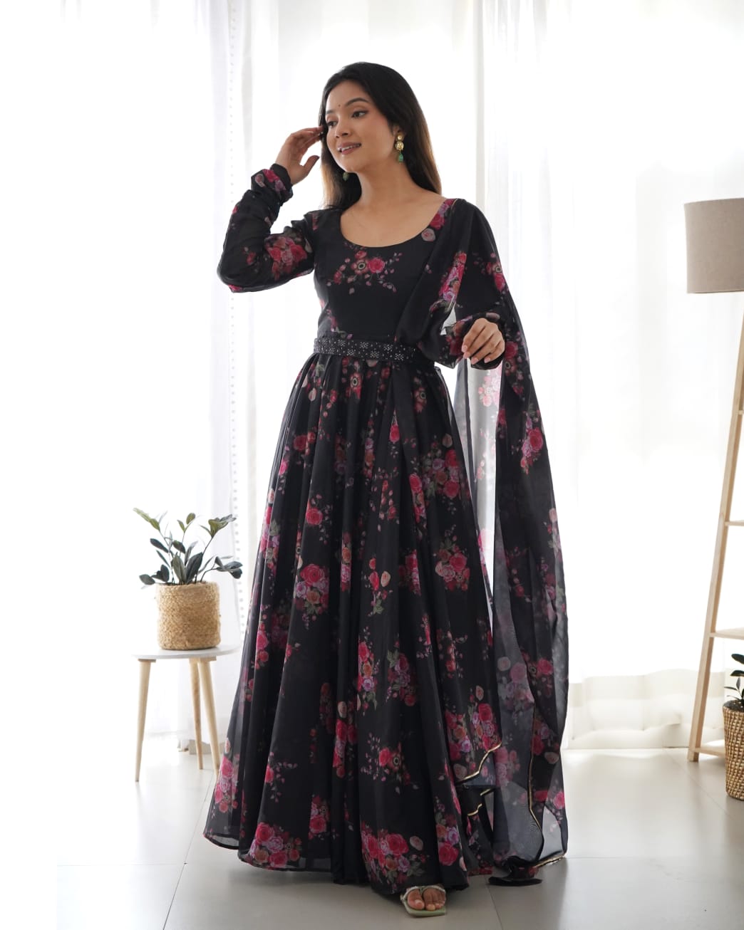 Riya's Black Color Printed Anarkali Suit Set .