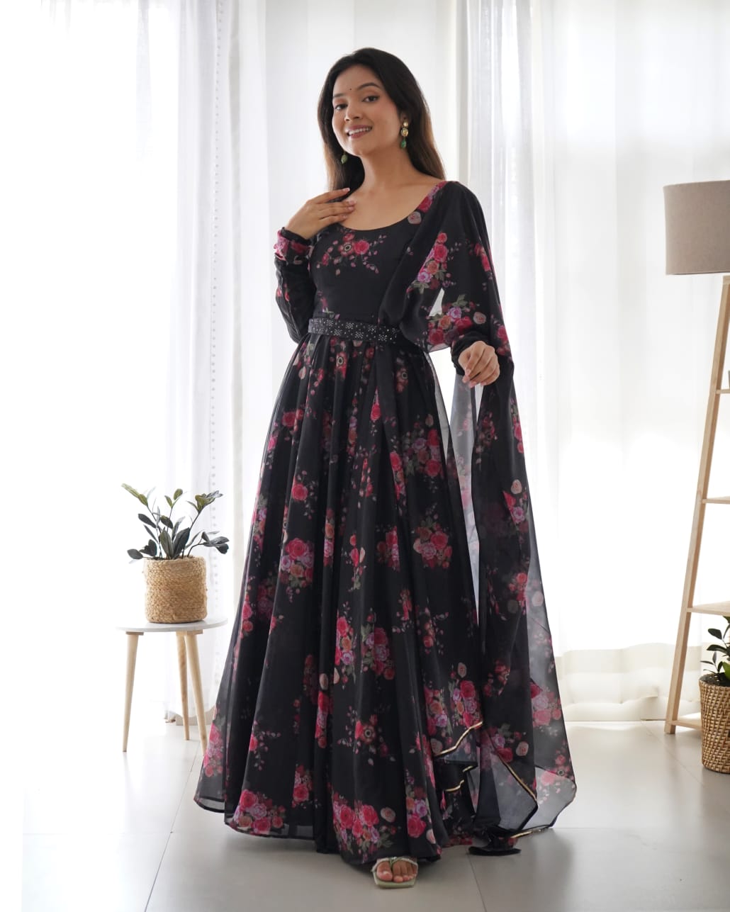 Riya's Black Color Printed Anarkali Suit Set .