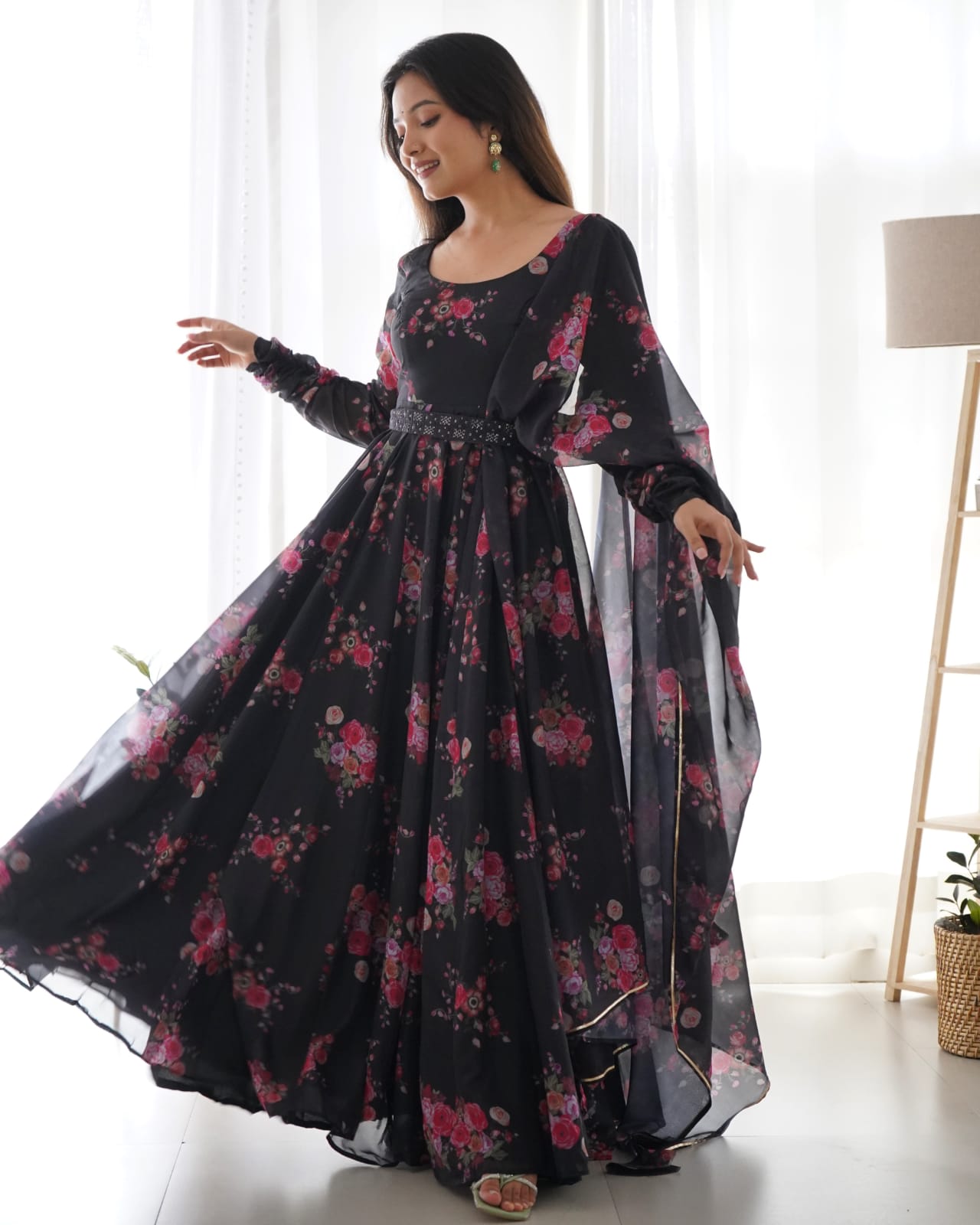 Riya's Black Color Printed Anarkali Suit Set .