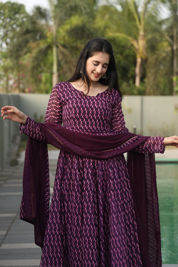 Daniya's Wine Color Anarkali Suit Set.