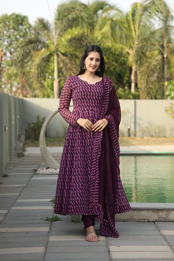 Daniya's Wine Color Anarkali Suit Set.