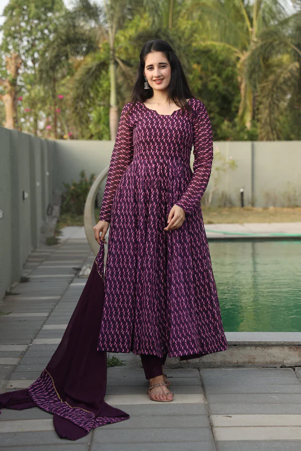 Daniya's Wine Color Anarkali Suit Set.