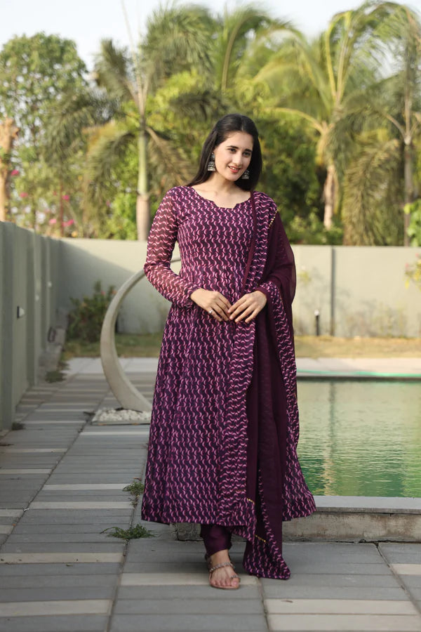 Daniya's Wine Color Anarkali Suit Set.