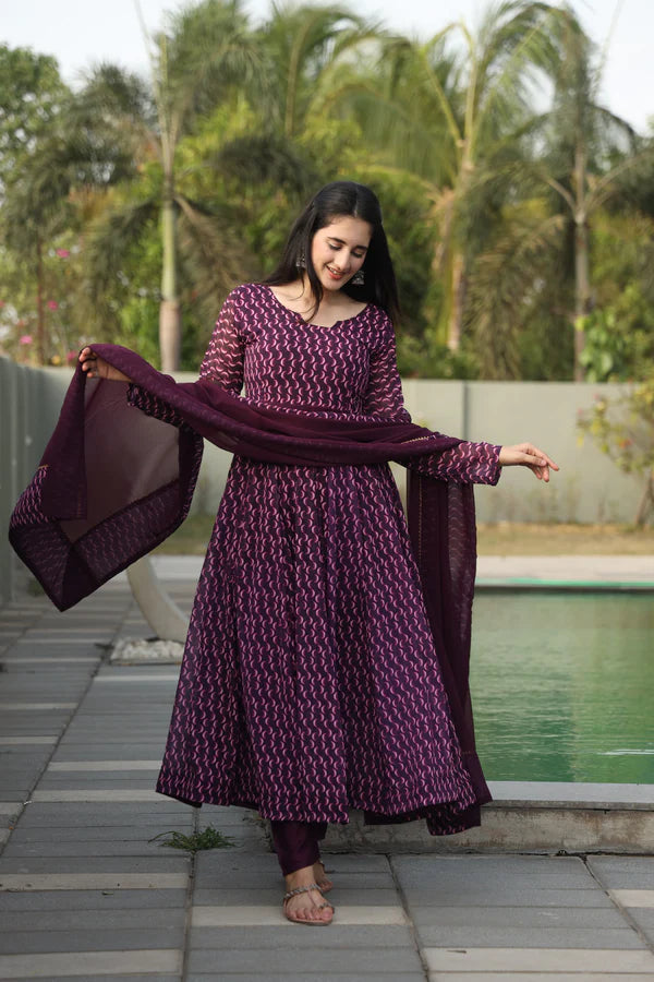 Daniya's Wine Color Anarkali Suit Set.