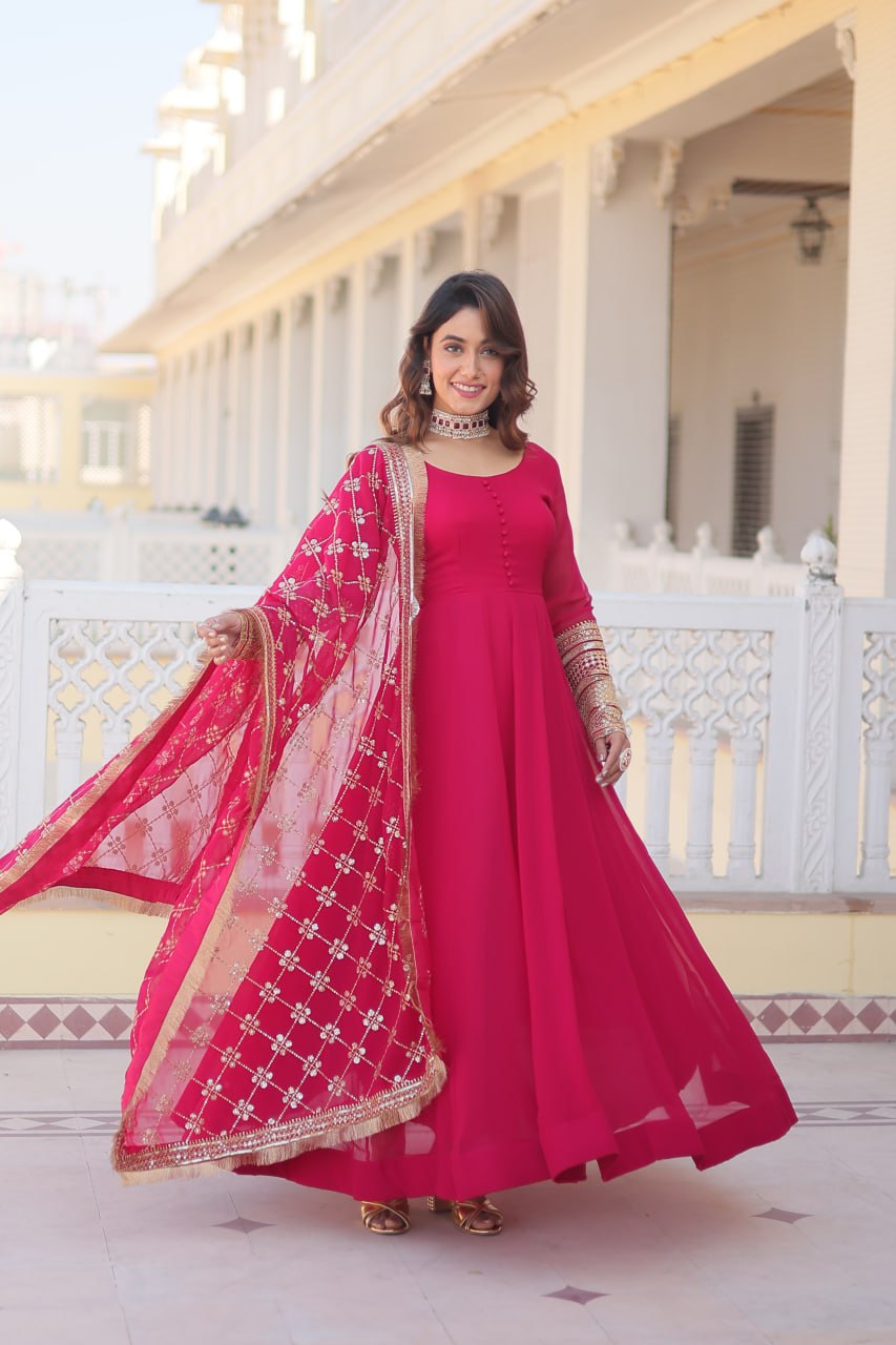 PINK COLOUR READYMADE ALIA CUT GOWN WITH DUPATTA SET-KKA-1070